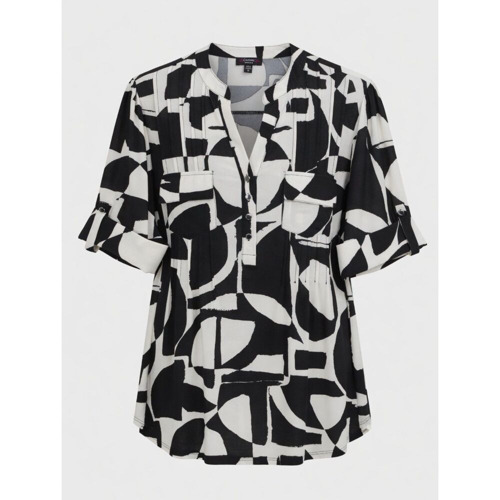Cocomo Women's Plus Size 1X Black & Ivory Geo Print Pintuck Short Sleeve Top